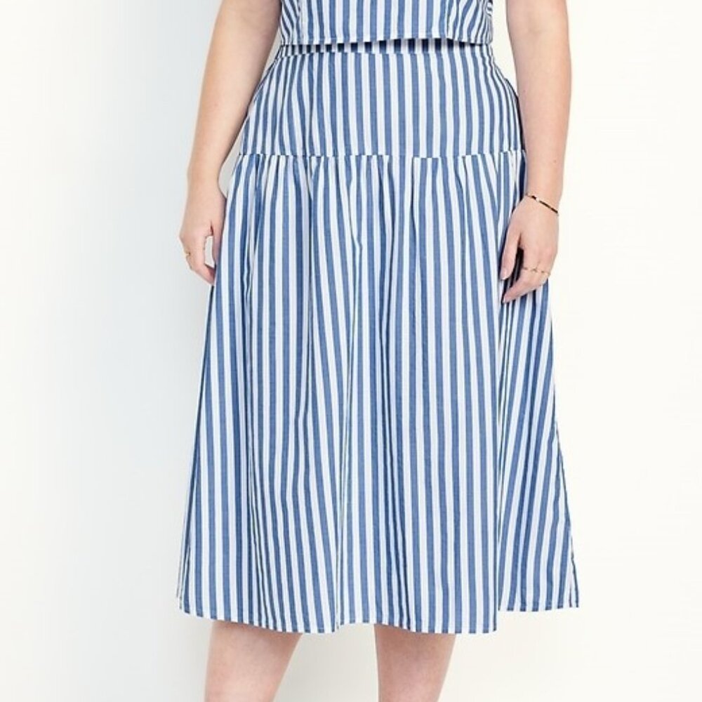 Dropped-Waist Midi Skirt Color: chambray/blue stripe SIZE 2X - Picture 1 of 8